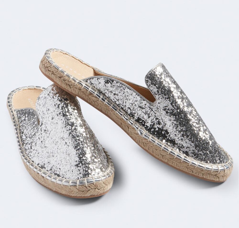 AEROPOSTALE Slip-On Espadrille Flats Round Toe Metallic Glitter Silver Size 10